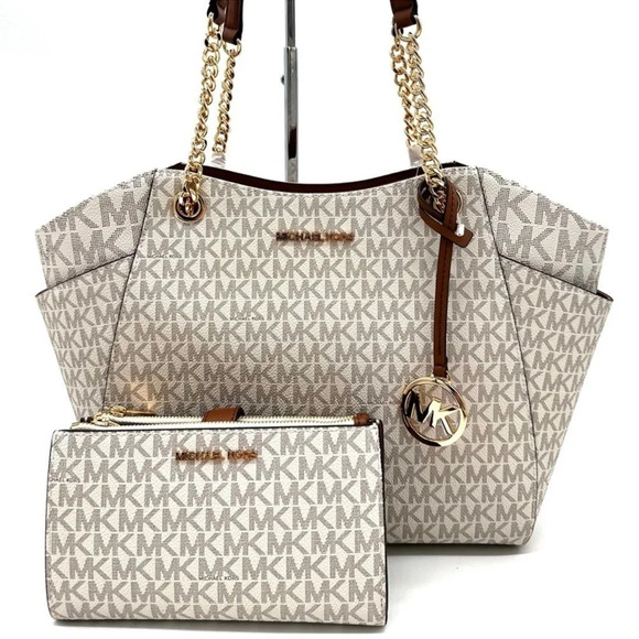 Michael Kors Large Jet Set Travel Chain Shoulder Bag & Double Zip Wallet Vanilla - Picture 1 of 15